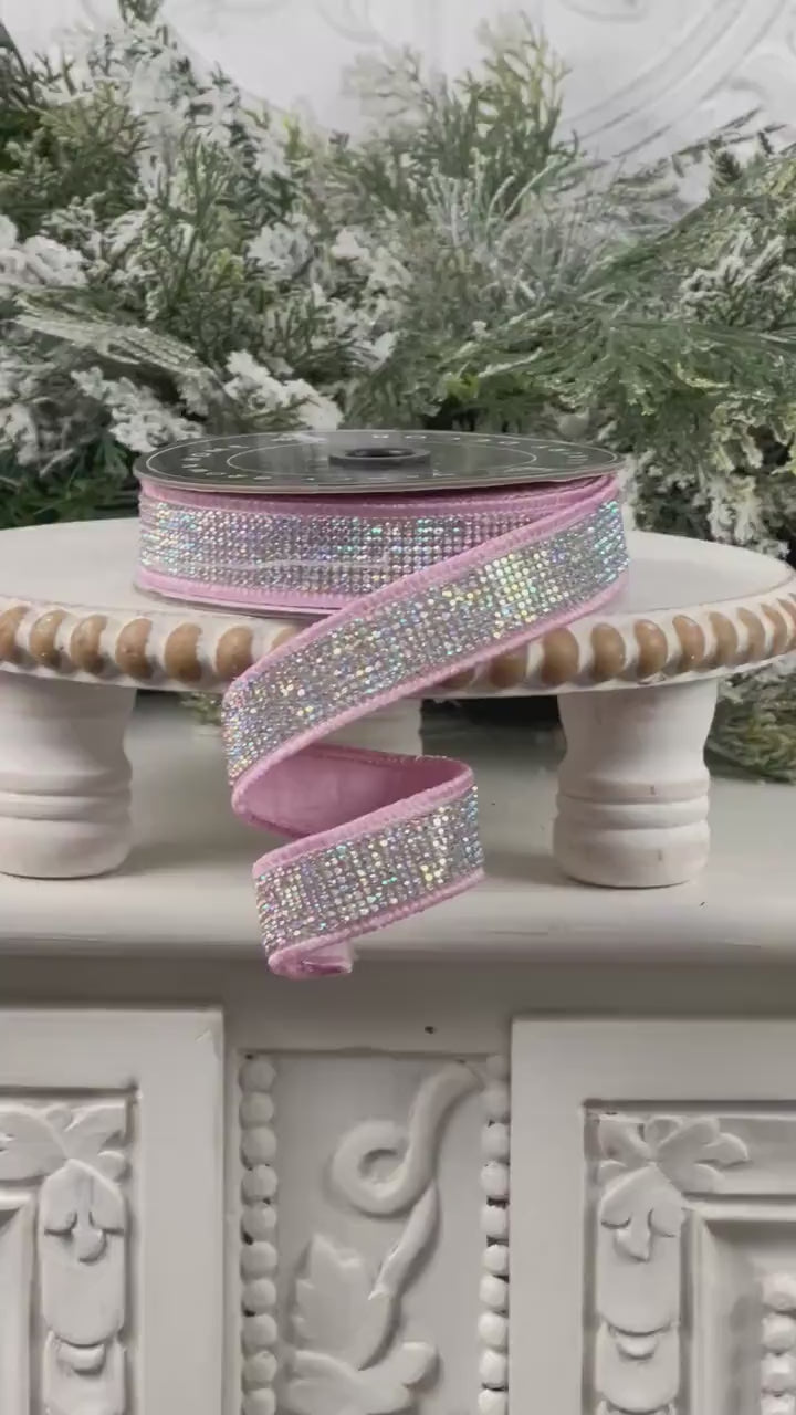 Light Pink Rhinestone Ribbon, Pink Dupion Ribbon with Rhinestone Trim, Light Pink Jeweled Ribbon