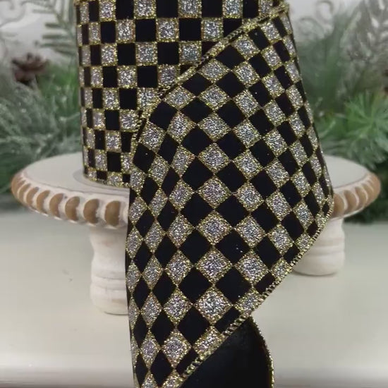 Black and Silver Checked Ribbon, Wired Black Gold Check Ribbon, Glittered Check Ribbon, Glittered Black and Silver Ribbon