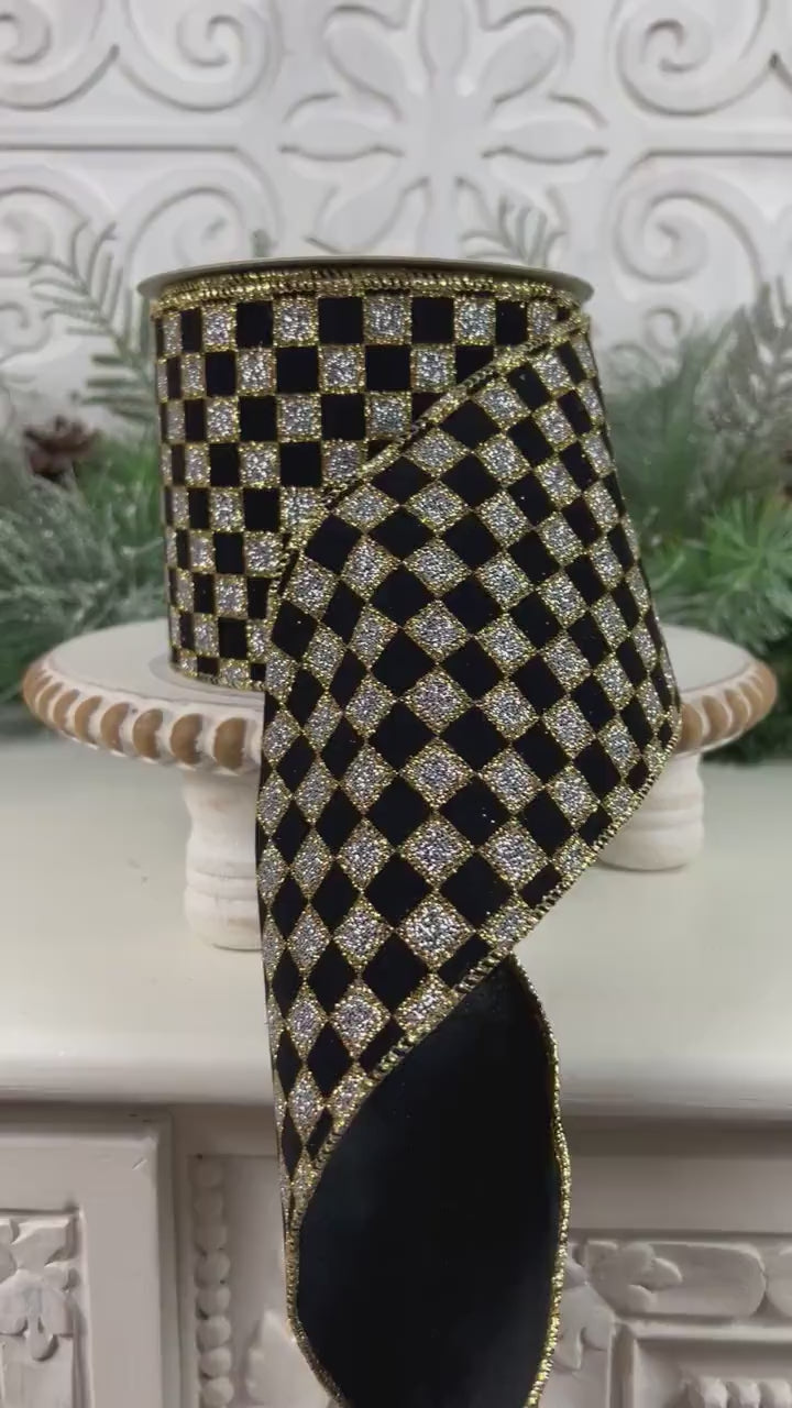 Black and Silver Checked Ribbon, Wired Black Gold Check Ribbon, Glittered Check Ribbon, Glittered Black and Silver Ribbon