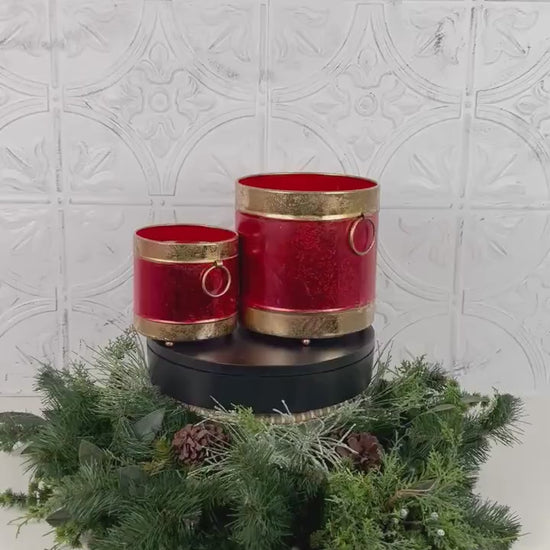 Red and Gold Metal Holiday Containers – Set of 2 Elegant Decorative Buckets for Centerpieces, Mantel Styling, Floral or Gift Displays