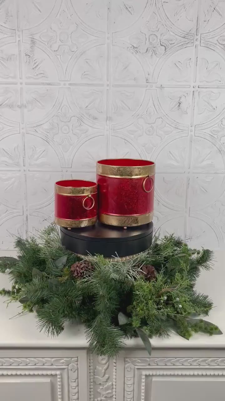 Red and Gold Metal Holiday Containers – Set of 2 Elegant Decorative Buckets for Centerpieces, Mantel Styling, Floral or Gift Displays