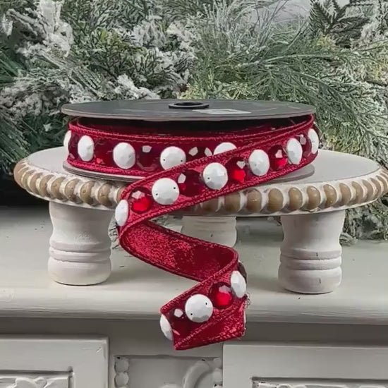 Farrisilk Jeweled Garland Ribbon, Red Designer Ribbon with White and Red Gems for Holiday or Year-Round Decor