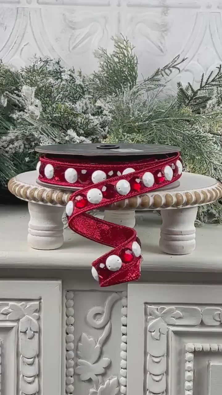 Farrisilk Jeweled Garland Ribbon, Red Designer Ribbon with White and Red Gems for Holiday or Year-Round Decor
