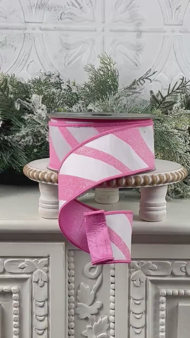 Farrisilk Pink and White Glittered Candy Cane Ribbon, Designer Ribbon for Holiday or Year-Round Decor