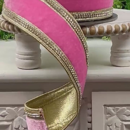D. Stevens Pink Lemonade Velvet Ribbon – Crystal Trimmed Designer Ribbon – Pink Velvet Ribbon, Jeweled Velvet Ribbon, Pink and Gold Ribbon