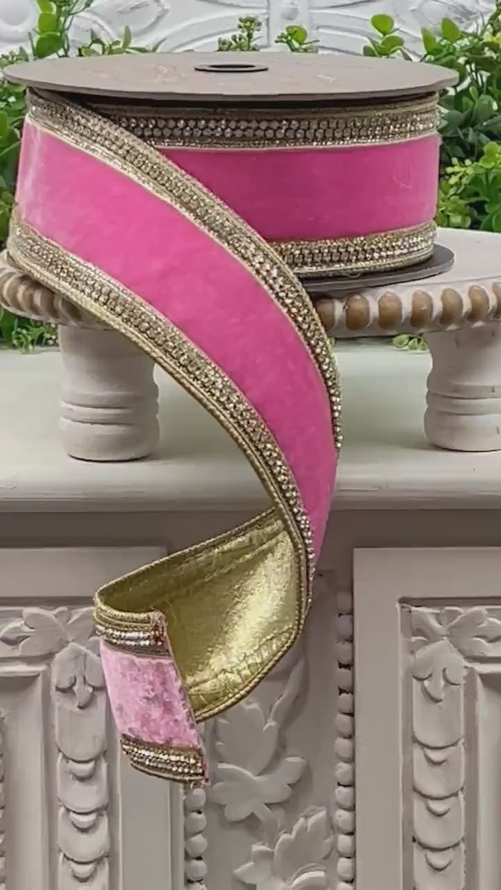 D. Stevens Pink Lemonade Velvet Ribbon – Crystal Trimmed Designer Ribbon – Pink Velvet Ribbon, Jeweled Velvet Ribbon, Pink and Gold Ribbon