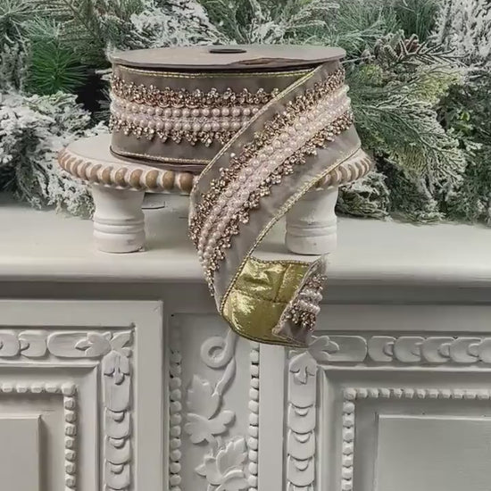 D. Stevens Platinum Jeweled Velvet Ribbon, Embroidered Pearl and Gold Trim Ribbon, Luxury Designer Holiday and Wedding Decor