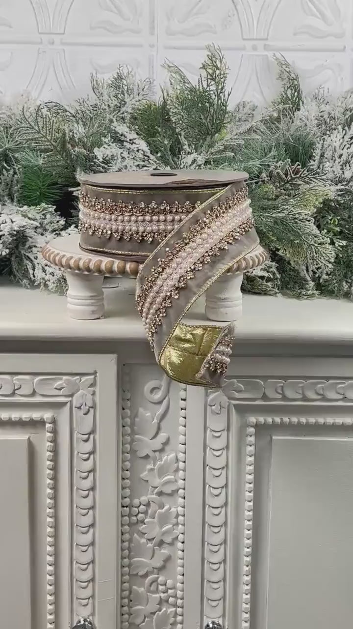 D. Stevens Platinum Jeweled Velvet Ribbon, Embroidered Pearl and Gold Trim Ribbon, Luxury Designer Holiday and Wedding Decor