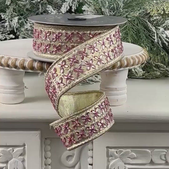 Farrisilk Jeweled Floral Ribbon, Platinum Ribbon with Dusty Rose Gems, Holiday Spring Wedding Decor