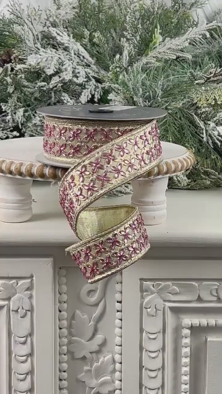 Farrisilk Jeweled Floral Ribbon, Platinum Ribbon with Dusty Rose Gems, Holiday Spring Wedding Decor