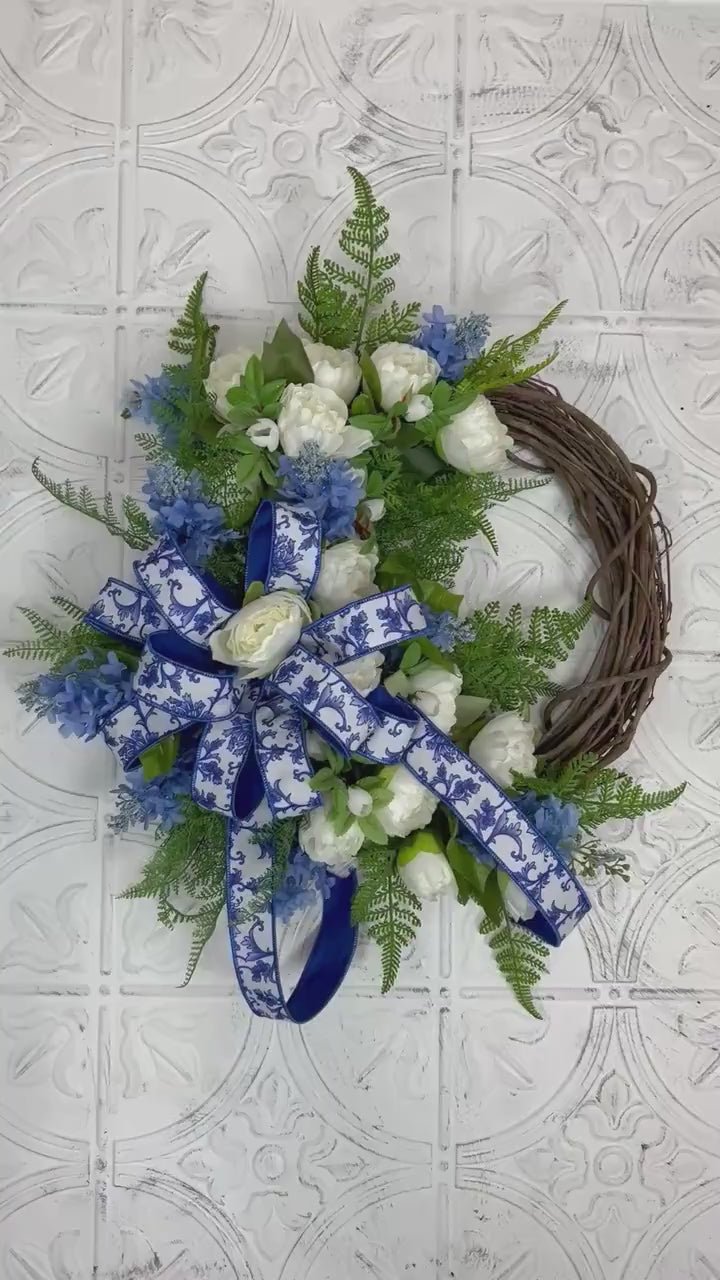 Elegant Peony and Delphinium Grapevine Wreath, Luxury Summer Wreath, Mothers Day Gift, Designer Door Decor, Chinoiserie Ribbon