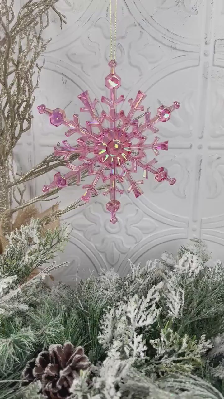 Pink Snowflake Ornament, Iridescent Christmas Ornament, Blush Holiday Tree Accent, Designer Snowflake Decor, Elegant Winter Ornament