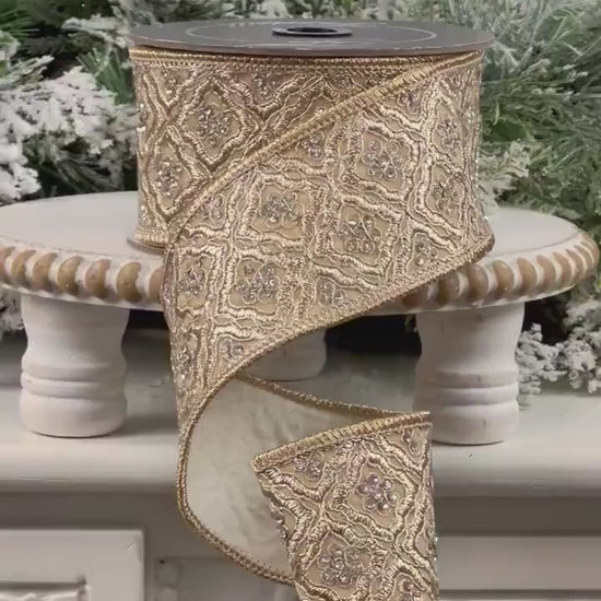 Farrisilk Heirloom Tapestry Ribbon, Gold Embroidered  Ribbon with Rhinestones, Jeweled Christmas Ribbon