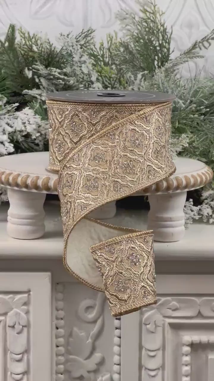 Farrisilk Heirloom Tapestry Ribbon, Gold Embroidered  Ribbon with Rhinestones, Jeweled Christmas Ribbon