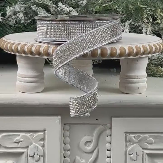 Silver Rhinestone Ribbon, Silver Dupion Ribbon with Rhinestone Trim, Jeweled Ribbon for Holiday and Wedding Decor