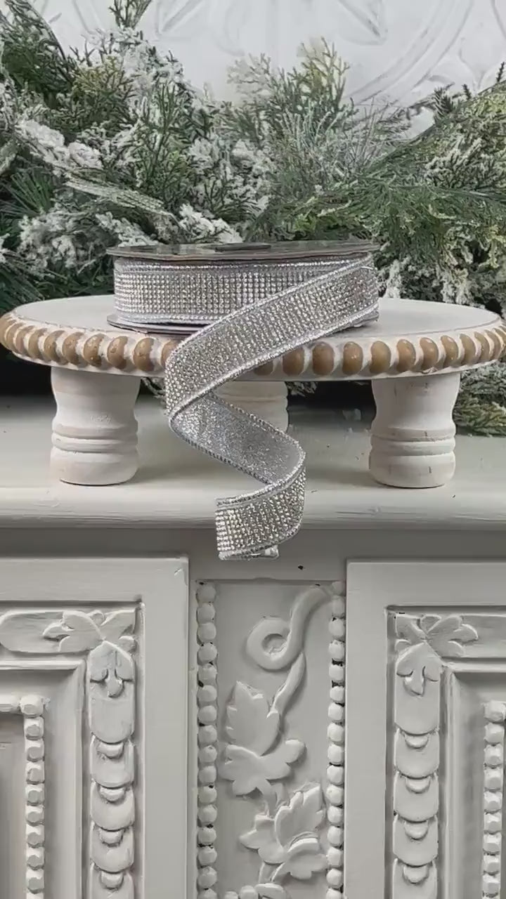 Silver Rhinestone Ribbon, Silver Dupion Ribbon with Rhinestone Trim, Jeweled Ribbon for Holiday and Wedding Decor