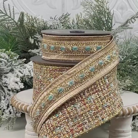 Farrisilk Multi-Colored Tweed Ribbon, Gold Tweed Holiday Decor, Luxury Ribbon for Wreaths