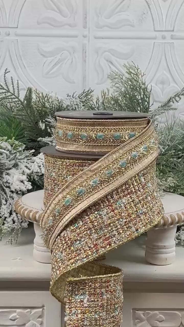 Farrisilk Multi-Colored Tweed Ribbon, Gold Tweed Holiday Decor, Luxury Ribbon for Wreaths
