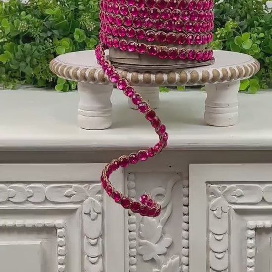 D. Stevens Crown Jewel Ribbon in Fuchsia, Double-Sided Crystal Garland, Luxury Holiday Trim or Decor, Pink Jeweled Ribbon, Jeweled Garland