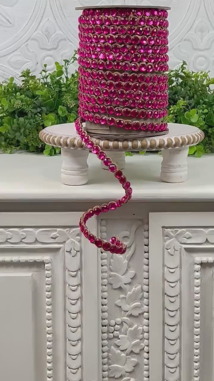 D. Stevens Crown Jewel Ribbon in Fuchsia, Double-Sided Crystal Garland, Luxury Holiday Trim or Decor, Pink Jeweled Ribbon, Jeweled Garland