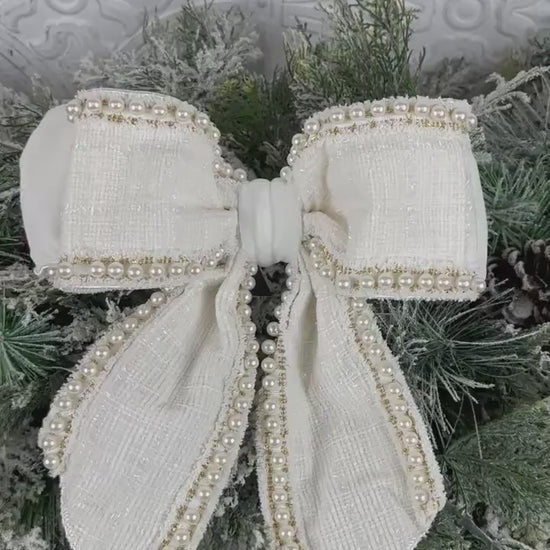 Farrisilk Ivory Pearl Bow, Tweed and Velvet Bow with Pearls, Luxury Wedding and Holiday Decoration