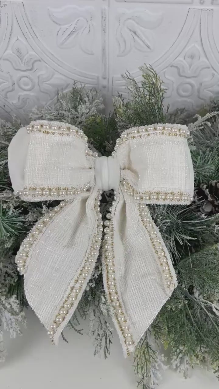 Farrisilk Ivory Pearl Bow, Tweed and Velvet Bow with Pearls, Luxury Wedding and Holiday Decoration