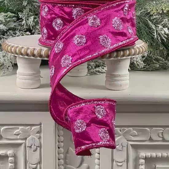 Farrisilk Hot Pink Polka Dot Ribbon, Pink Tinsel Dot Ribbon, Spring Easter Designer Decor
