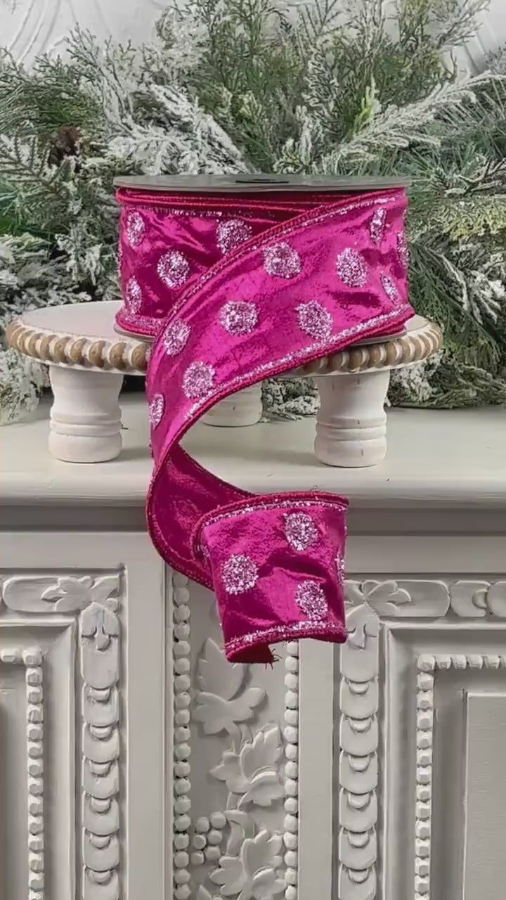 Farrisilk Hot Pink Polka Dot Ribbon, Pink Tinsel Dot Ribbon, Spring Easter Designer Decor