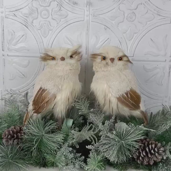 Natural Snow Owl Set, Realistic Winter Owl Decor, Woodland Christmas Owl Pair, Holiday Bird Decorations, Rustic Luxury Owl Accents