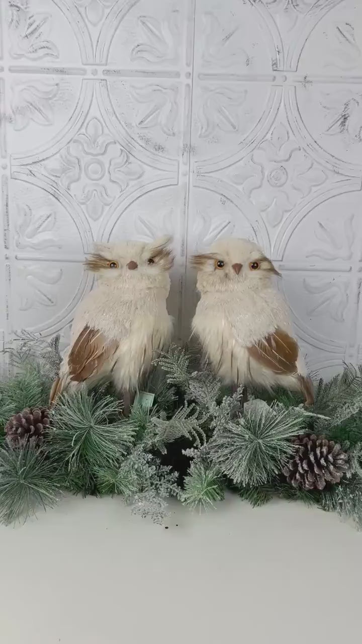 Natural Snow Owl Set, Realistic Winter Owl Decor, Woodland Christmas Owl Pair, Holiday Bird Decorations, Rustic Luxury Owl Accents