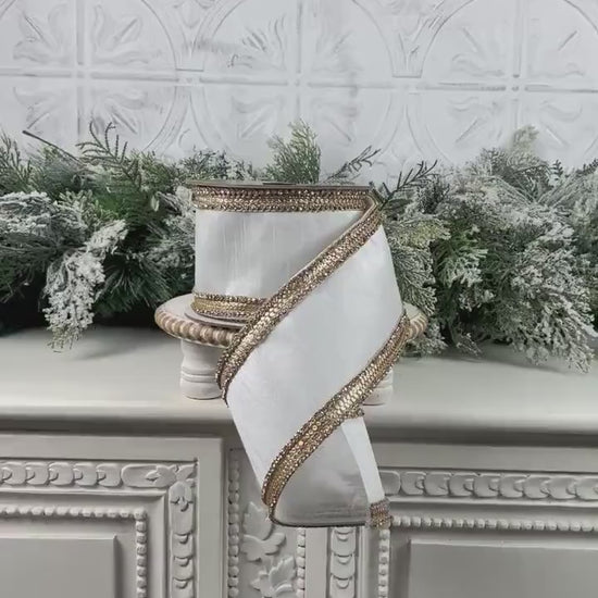 Farrisilk Ivory Diamond Riviera Ribbon, White Dupion Designer Ribbon with Platinum Sequins and Rhinestones