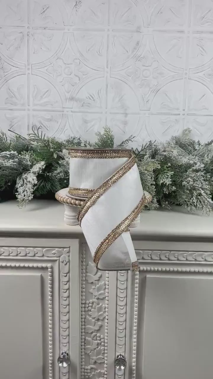 Farrisilk Ivory Diamond Riviera Ribbon, White Dupion Designer Ribbon with Platinum Sequins and Rhinestones
