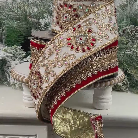 D. Stevens Platinum Jeweled Ribbon, Embroidered Metallic Dupion Ribbon with Red and Iridescent Gems, Luxury Designer Holiday Decor