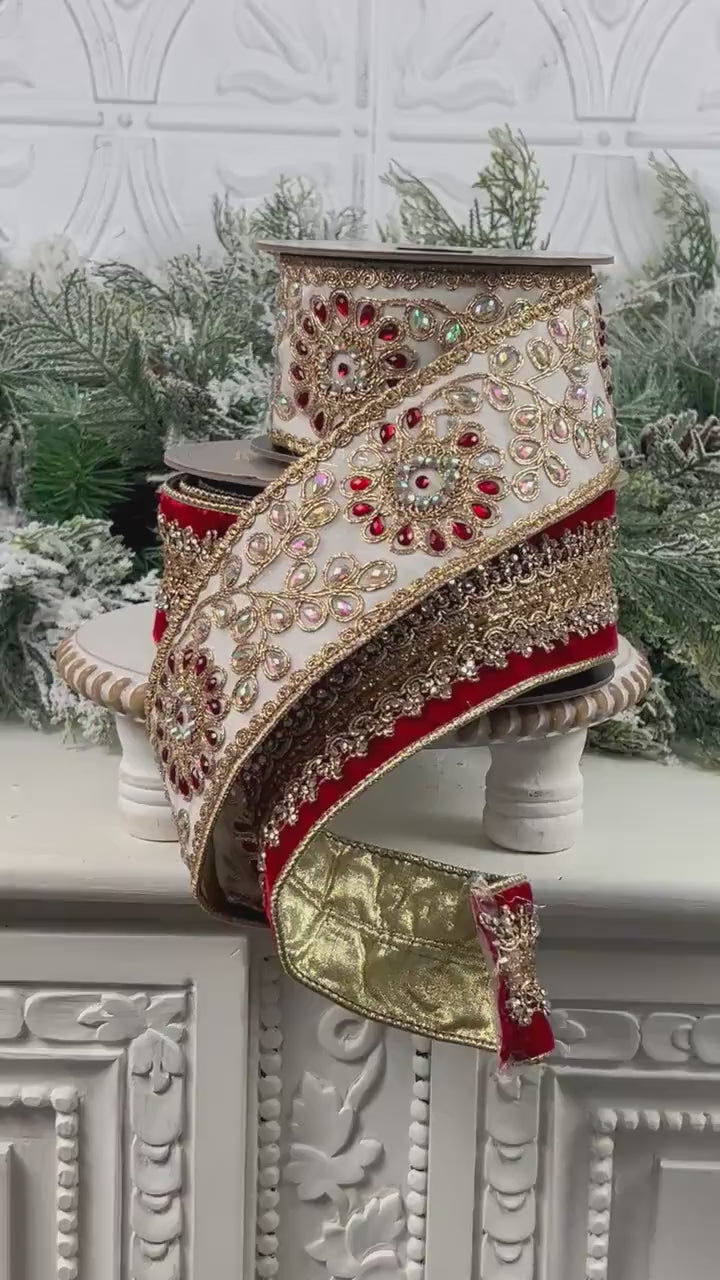 D. Stevens Platinum Jeweled Ribbon, Embroidered Metallic Dupion Ribbon with Red and Iridescent Gems, Luxury Designer Holiday Decor