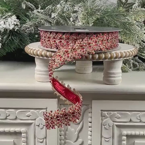 Farrisilk Red Jeweled Ribbon, Gold Embellished Designer Trim, Red and Gold Ribbon for Holiday, Wedding, or Valentine Decor