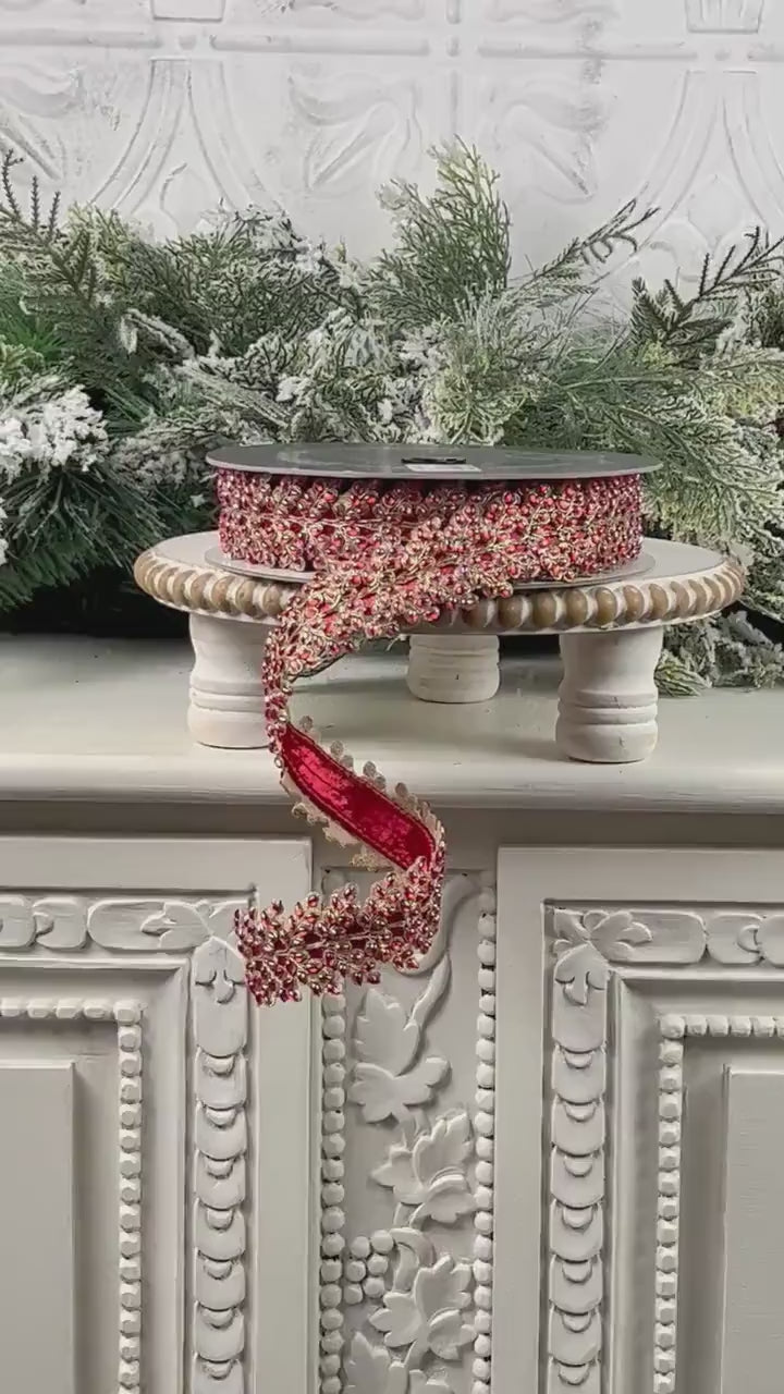 Farrisilk Red Jeweled Ribbon, Gold Embellished Designer Trim, Red and Gold Ribbon for Holiday, Wedding, or Valentine Decor