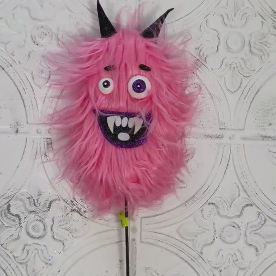 24" Furry Monster Spray | Green, Orange, Pink, or Magenta | Whimsical Halloween Wreath Pick | Not-So-Scary Decor | Cute Monster Stem