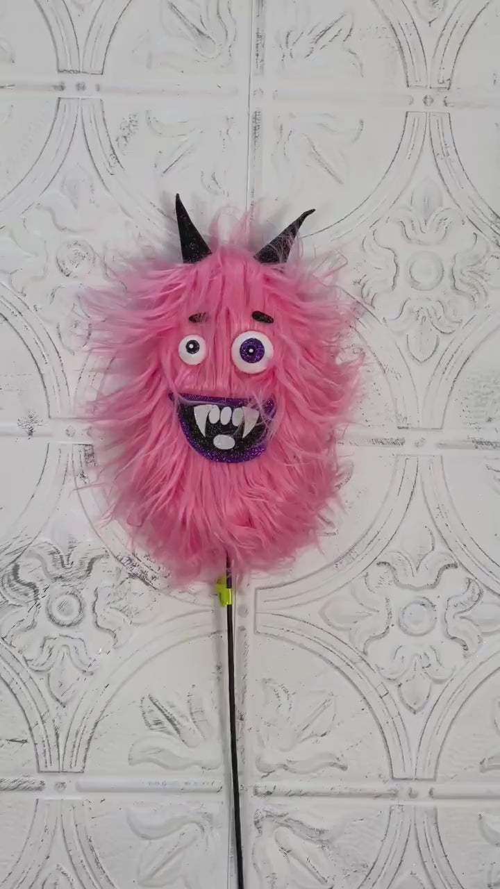 24" Furry Monster Spray | Green, Orange, Pink, or Magenta | Whimsical Halloween Wreath Pick | Not-So-Scary Decor | Cute Monster Stem