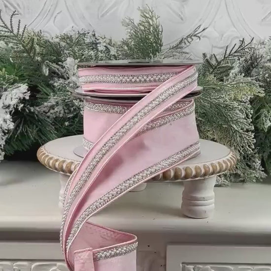 Pink Velvet Ribbon with Pearl and Rhinestone Trim, Elegant Designer Ribbon, Luxury Holiday and Wedding Decor