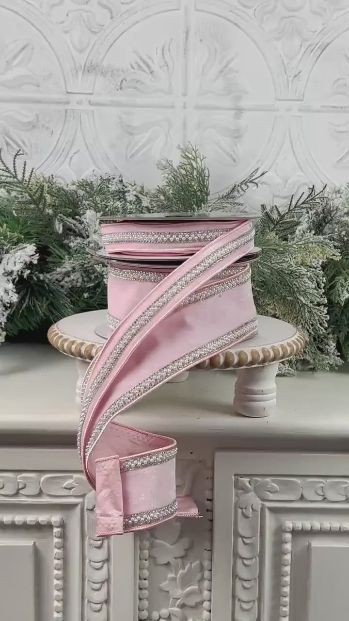 Pink Velvet Ribbon with Pearl and Rhinestone Trim, Elegant Designer Ribbon, Luxury Holiday and Wedding Decor