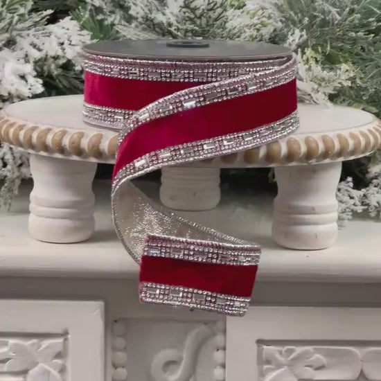 Farrisilk Shimmering Gems Red Velvet Ribbon, Jeweled Wired Christmas Ribbon, Luxury Holiday Bow