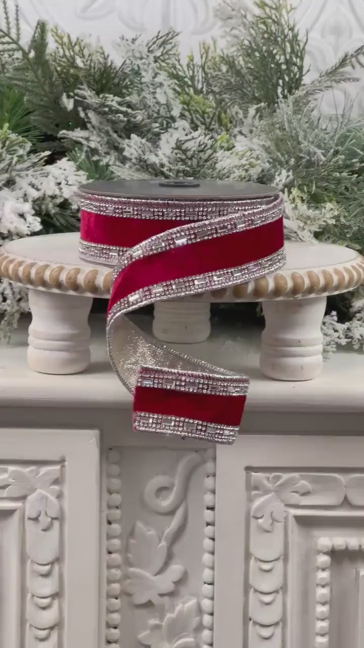 Farrisilk Shimmering Gems Red Velvet Ribbon, Jeweled Wired Christmas Ribbon, Luxury Holiday Bow