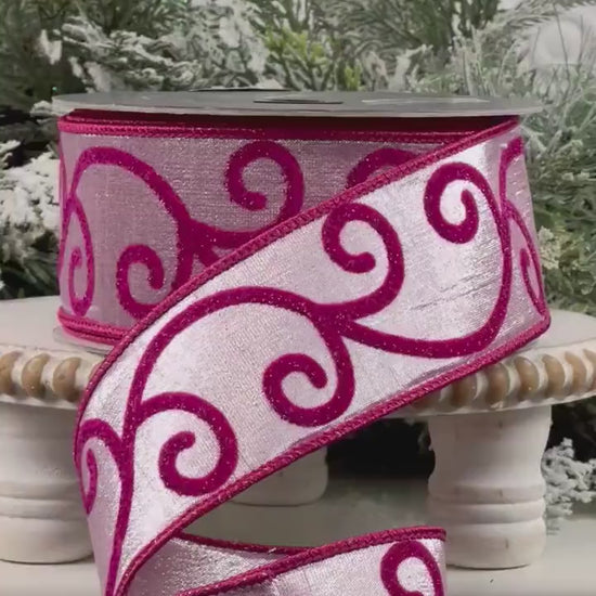 Farrisilk Pink Swirled Ribbon, Fuchsia Scroll Wired Ribbon, Whimsical Holiday Valentine Spring Decor