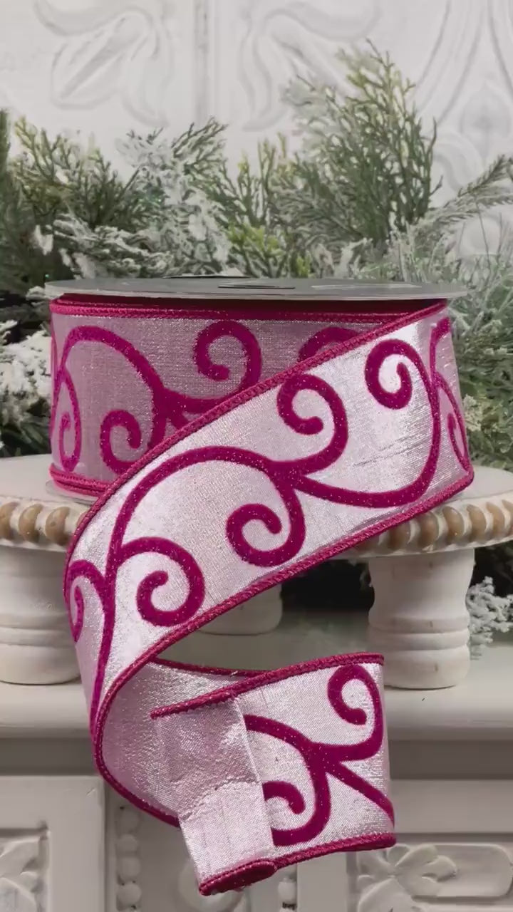 Farrisilk Pink Swirled Ribbon, Fuchsia Scroll Wired Ribbon, Whimsical Holiday Valentine Spring Decor