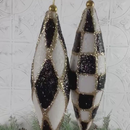 Harlequin Ornament Set, Check Drop Christmas Decor, Black and White Finial Ornament, Glittered Bauble Set, Shatterproof Holiday Ornament