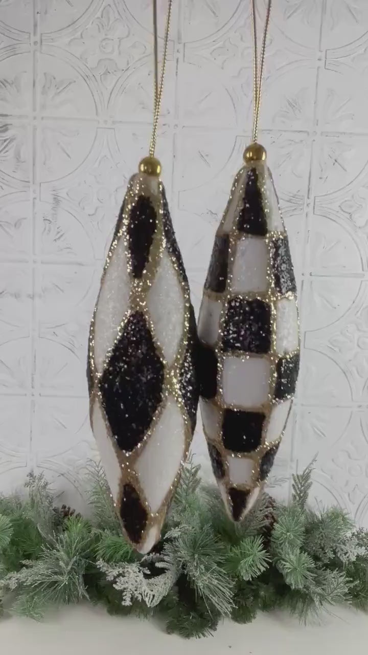 Harlequin Ornament Set, Check Drop Christmas Decor, Black and White Finial Ornament, Glittered Bauble Set, Shatterproof Holiday Ornament