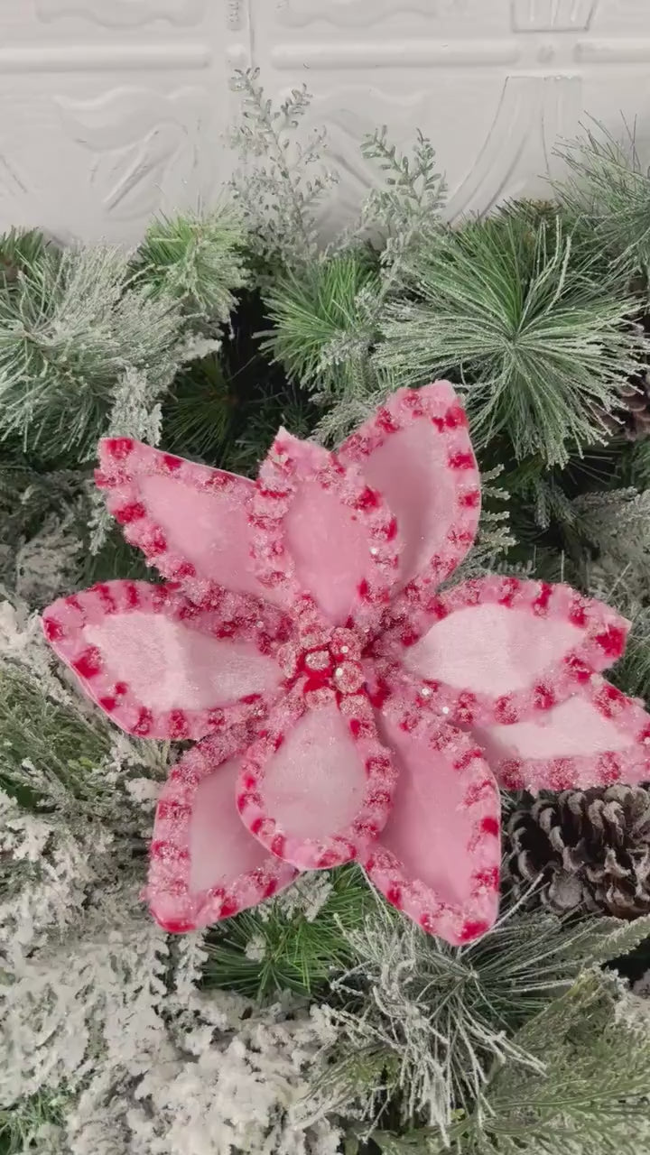 Pink and Red Glitter Poinsettia Stem,  22" Pink Poinsettia Stem, Christmas Decor, Wreath Decor, Tree Decoration, Holiday Floral,