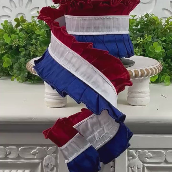 D. Stevens 4" Red White Blue Dupion Ruffle Ribbon – 5 YD Patriotic Ribbon for Bows, 4th of July Ribbon, Americana Ribbon, Patriotic Ribbon