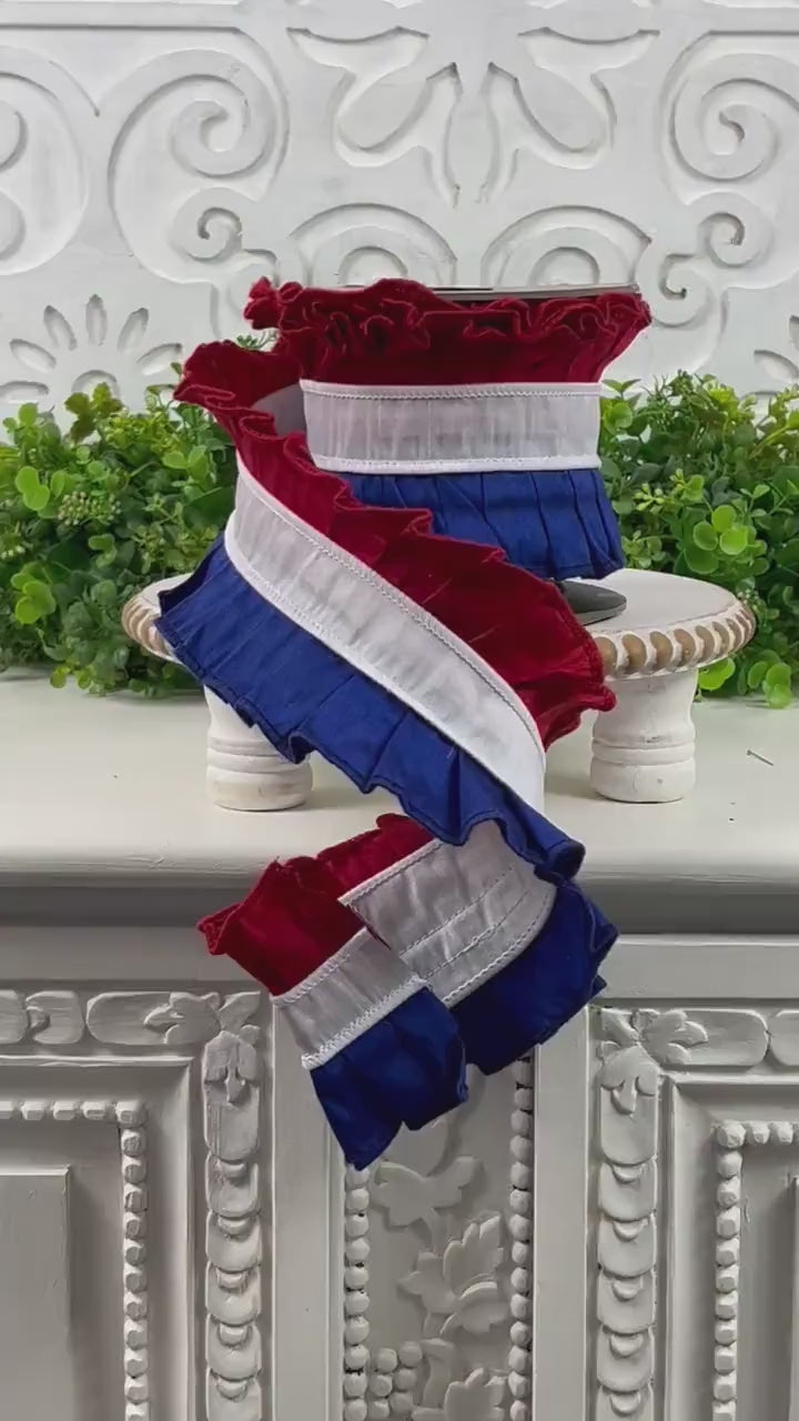 D. Stevens 4" Red White Blue Dupion Ruffle Ribbon – 5 YD Patriotic Ribbon for Bows, 4th of July Ribbon, Americana Ribbon, Patriotic Ribbon
