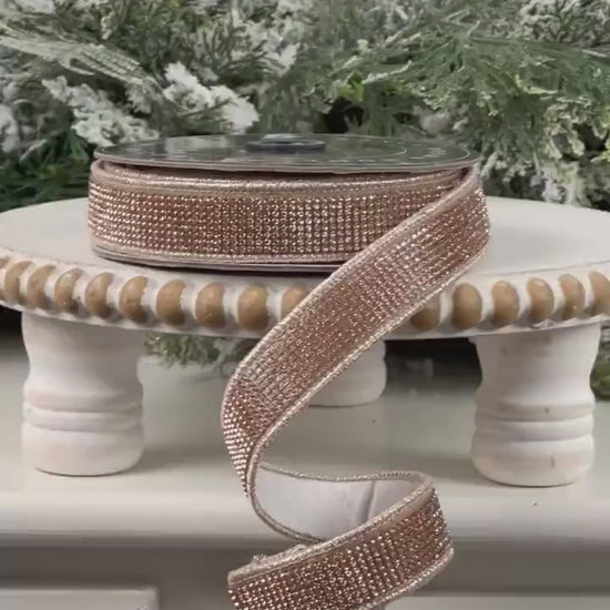 Champagne Rhinestone Ribbon, Ivory Dupion Ribbon with Rhinestone Trim, Elegant Designer Ribbon for Holiday and Wedding Decor